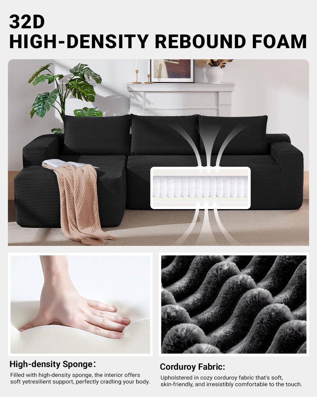97' Cloud Sectional Couch,Modern Modular Sectional Sofa with Deep Seat,Corduroy Boneless Couches with L-Shape Chaise for Living Room Bedroom,No Assembly Required (Black, 97' Left Facing Chaise)