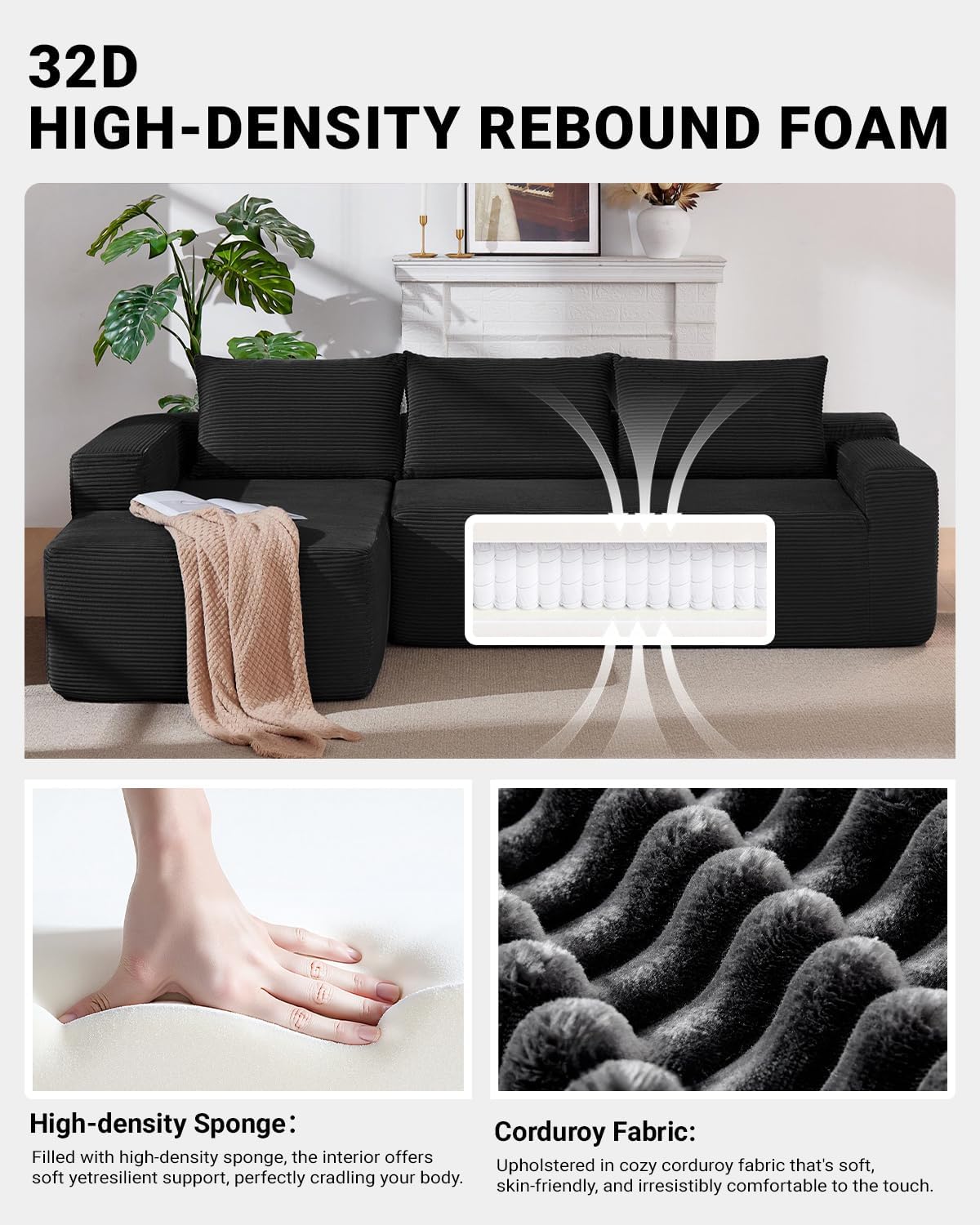 97' Cloud Sectional Couch,Modern Modular Sectional Sofa with Deep Seat,Corduroy Boneless Couches with L-Shape Chaise for Living Room Bedroom,No Assembly Required (Black, 97' Left Facing Chaise)