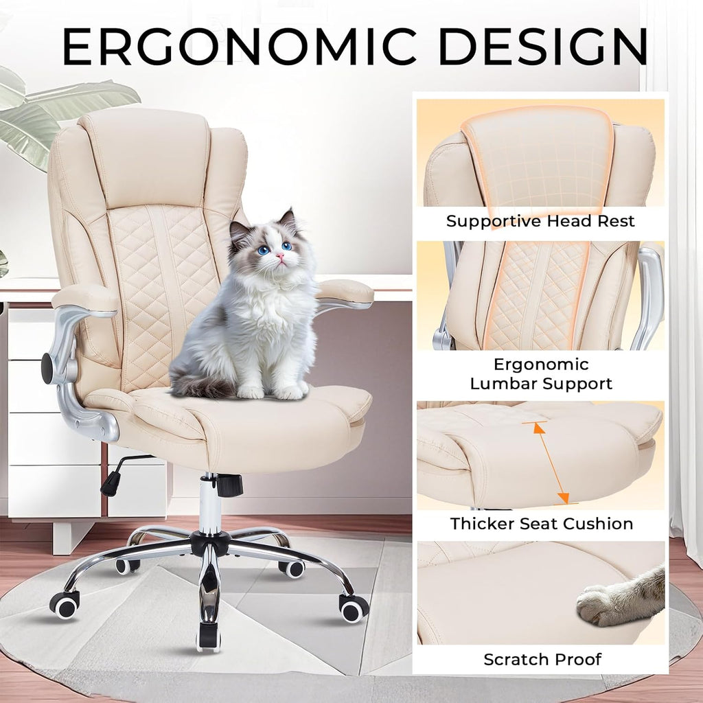 400lbs Executive Office Chair with Flip-Up Armrests, Big and Tall Computer Chair for Heavy People, Heavy Duty Ergonomic Comfy Chair, Breathable PU Leather (Cream)