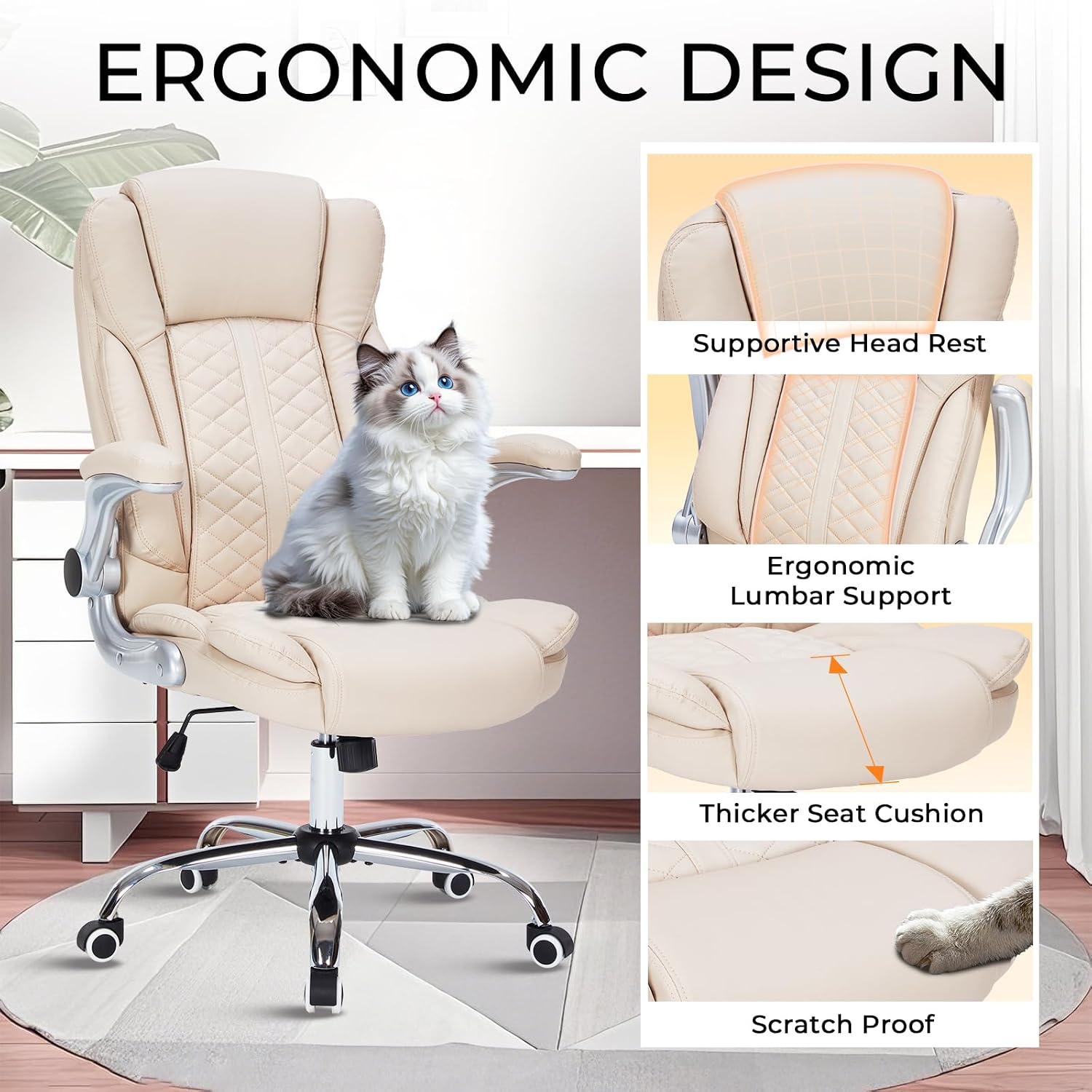 400lbs Executive Office Chair with Flip-Up Armrests, Big and Tall Computer Chair for Heavy People, Heavy Duty Ergonomic Comfy Chair, Breathable PU Leather (Cream)