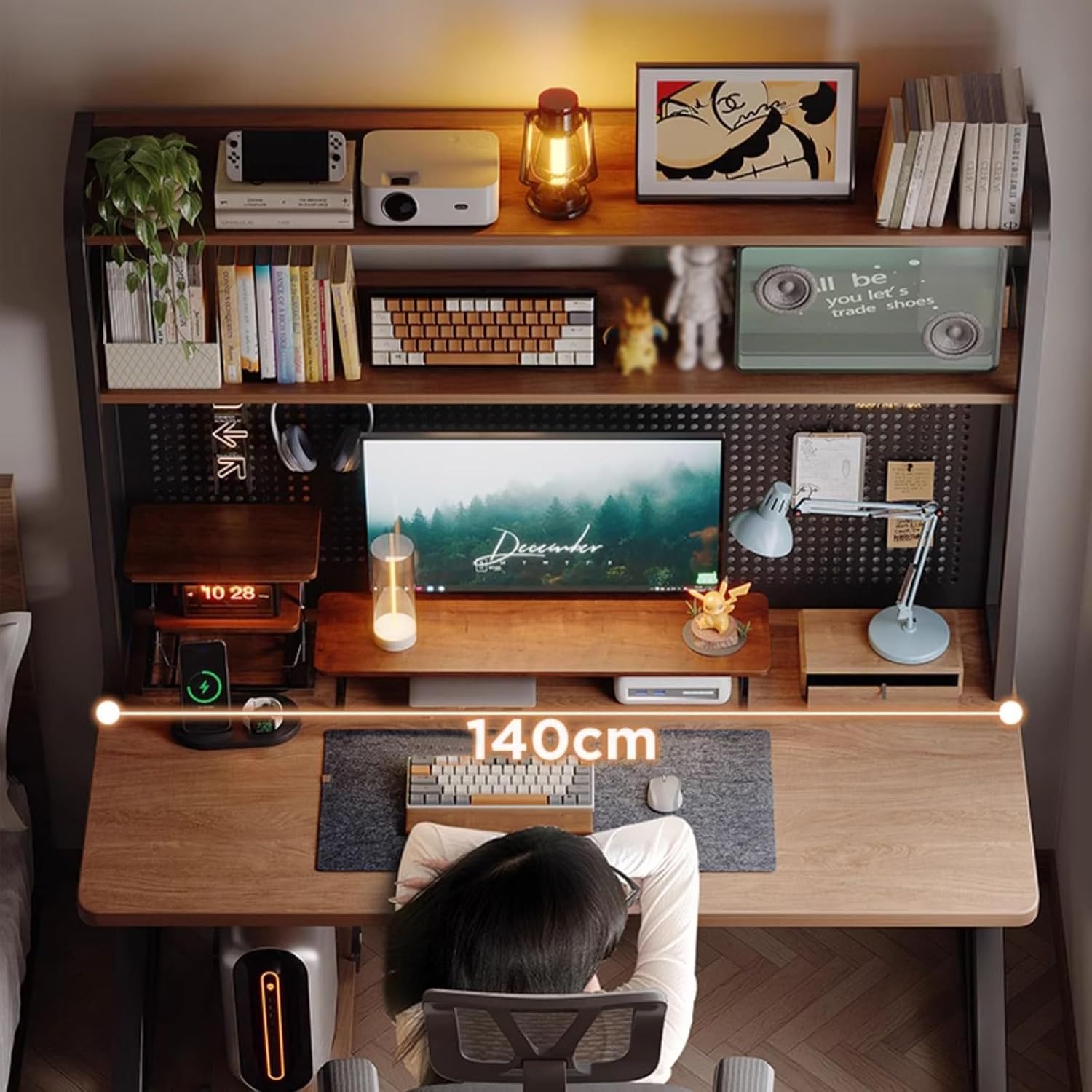 39.4in Computer Desk with Pegboard, Gaming Desk with Storage Shelves, PC Gamer Workstation Desk, Modern Study Writing Table for Home Office Bedroom (Brown, 39.4in/100cm)