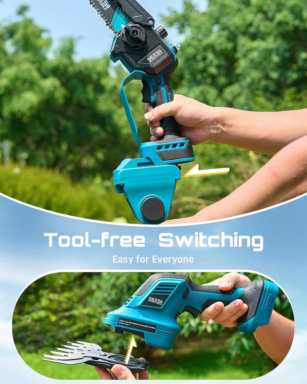 SEESII 6-in-1 Cordless Pole Saw & Hedge Trimmer Combo, Electric Mini Chainsaw with 2×4.0 Ah Batteries, Extendable Tree Pruner, Bush Trimmer Limb Branch Cutter, Grass Shears, 15Ft Long Reach