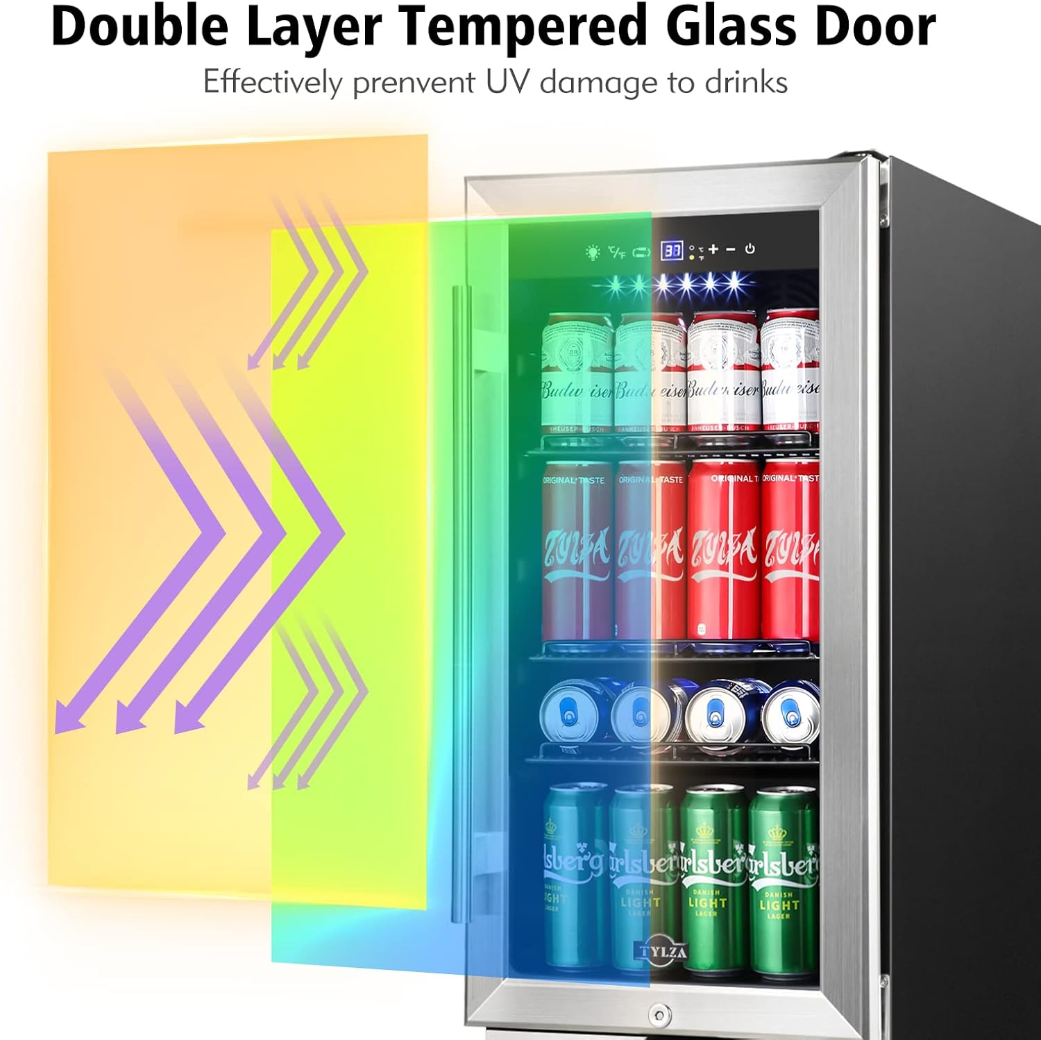 Tylza 15 Inch Beverage Refrigerator, 130 Cans Quiet Beverage Fridge, 15'' Beverage Cooler Under Counter with Glass Door and Lock for Built-in or Freestanding With Temperature Memory Function TYBC100