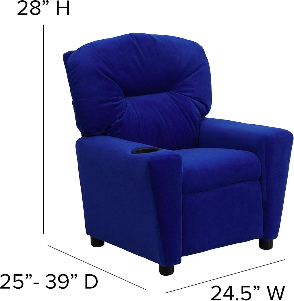 EMMA + OLIVER Blue Microfiber Kids Recliner with Cup Holder