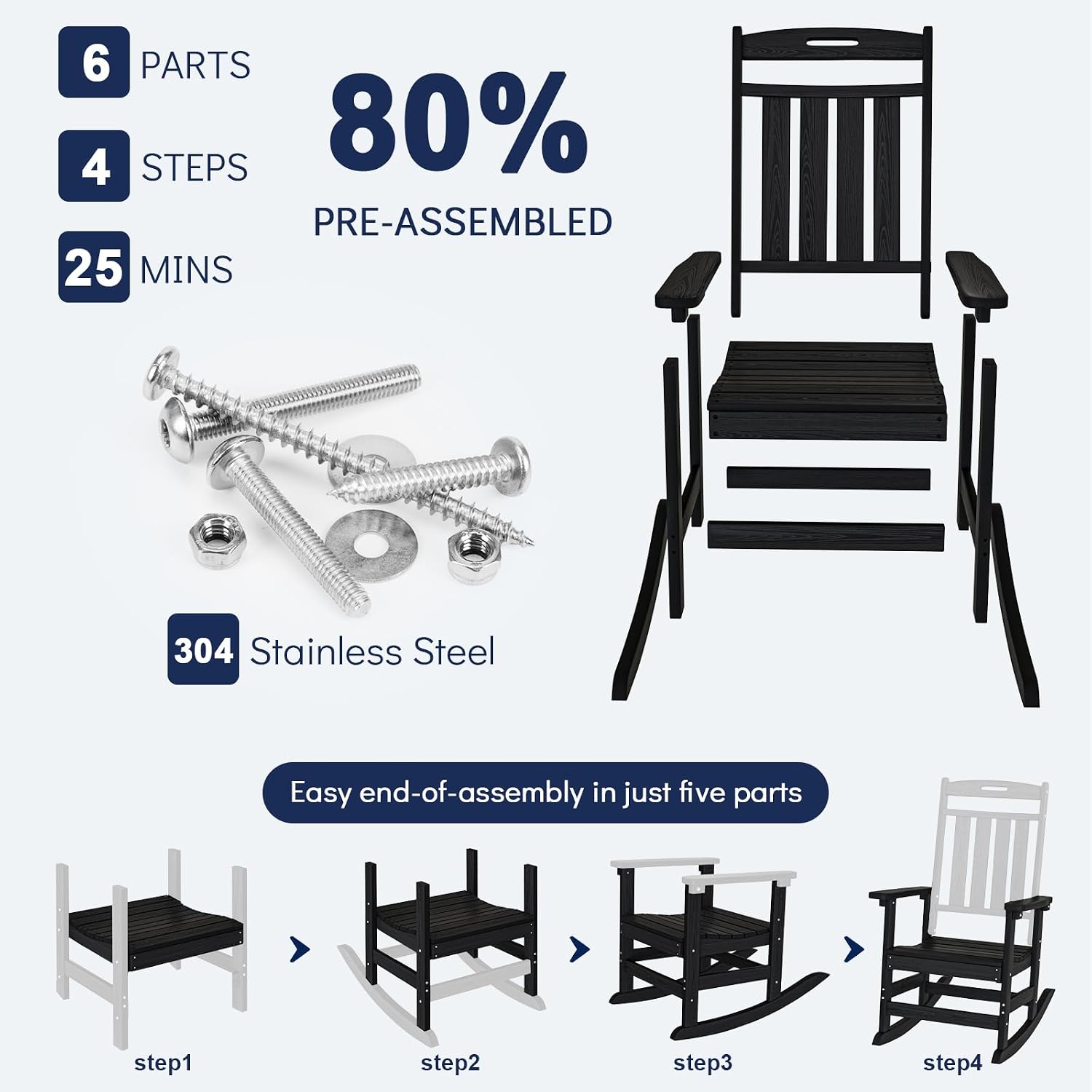 Plawdlik Oversized Rocking Chair,HDPE All-Weather Outdoor Rocking Chair,Patio Rocking Chairs for Porch.Black