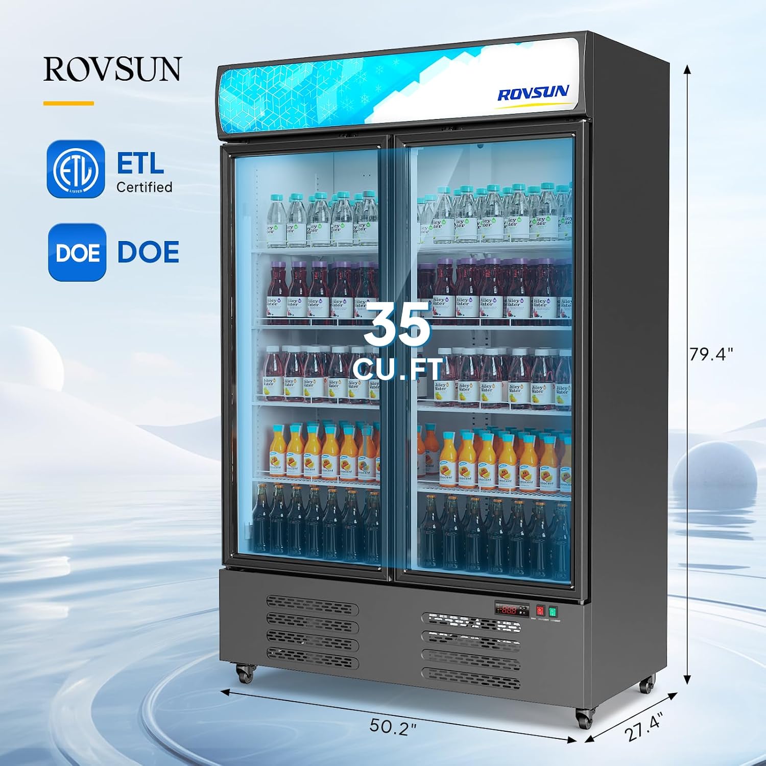 ROVSUN 35 Cu.Ft Commercial Beverage Refrigerator ETL NSF, Merchandiser Refrigerator Display Refrigerator Beverage Cooler Glass Door Fridge w/Adjustable Shelves LED Light for Bar Restaurant Cafe