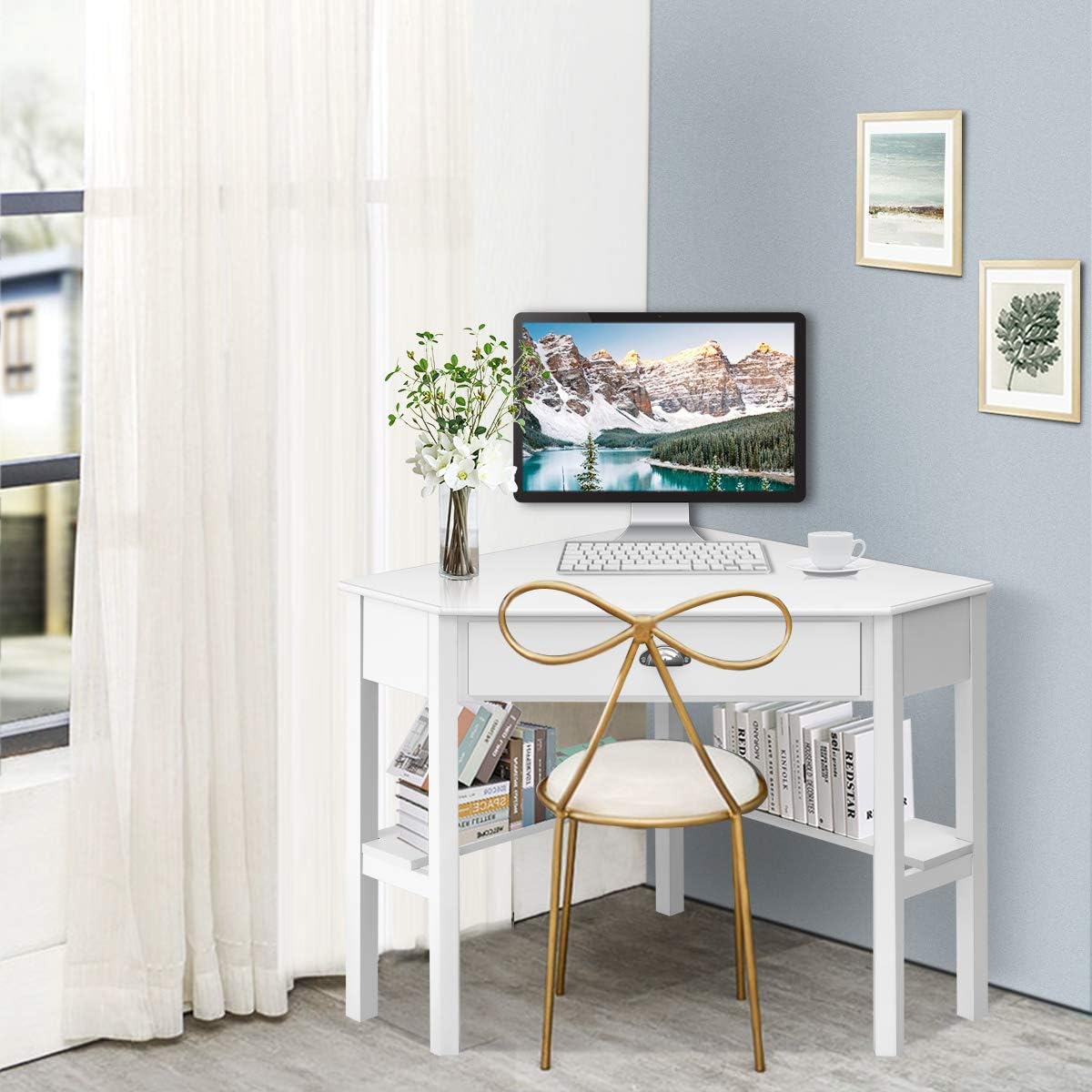 Tangkula White Corner Desk with Drawer, Storage Shelves for Computer, Makeup Vanity Desk for Small Space, 90 Degrees Triangle Desk