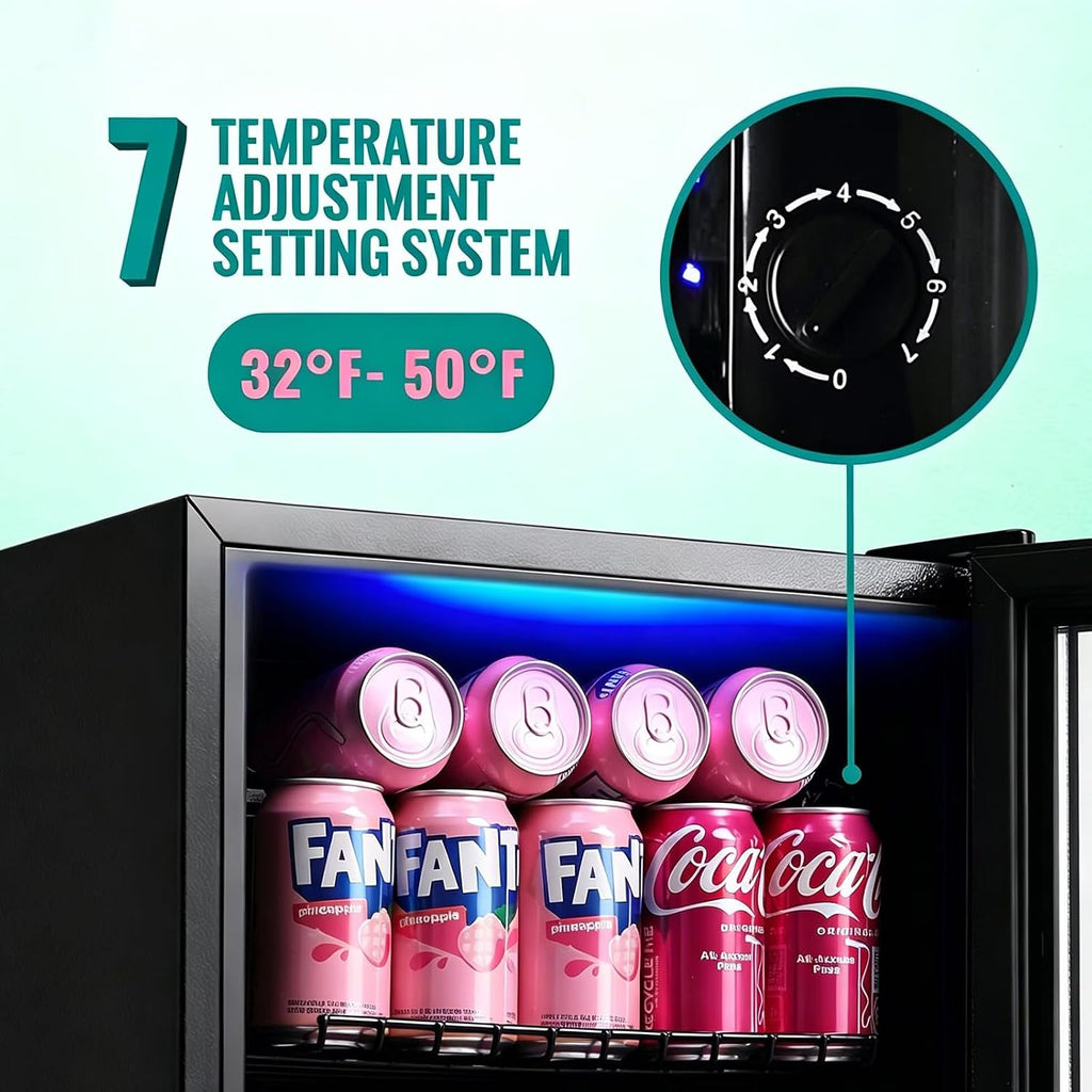 WANAI Beverage Refrigerator and Cooler with Glass Door - 120 Cans Capacity, 3.5 Cu.ft Small Beer Fridge for Drinks, Soda, Wine - Mini Cooler with 7 Adjustable Temperature Control