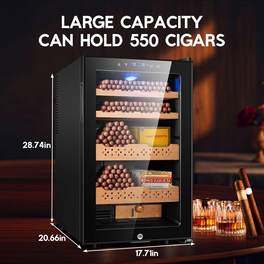 Tylza Electric Cigar Humidor Cabinet 70L, Electric Humidors for Cigars with Temp & Humidity Control, Digital Hygrometer, Lock, Refrigerator, Cigar Humidors with Cedar Wood Drawer Shelves, 550 Cigars