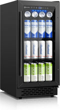 15 Inch Black Beverage Refrigerator Under Counter, 130 Cans Built-in/Freestanding Beverage Cooler, Mini Bar Fridge with Double Tempered Glass Door&Lock, Beverage Fridge for Drink Beer Soda Wine
