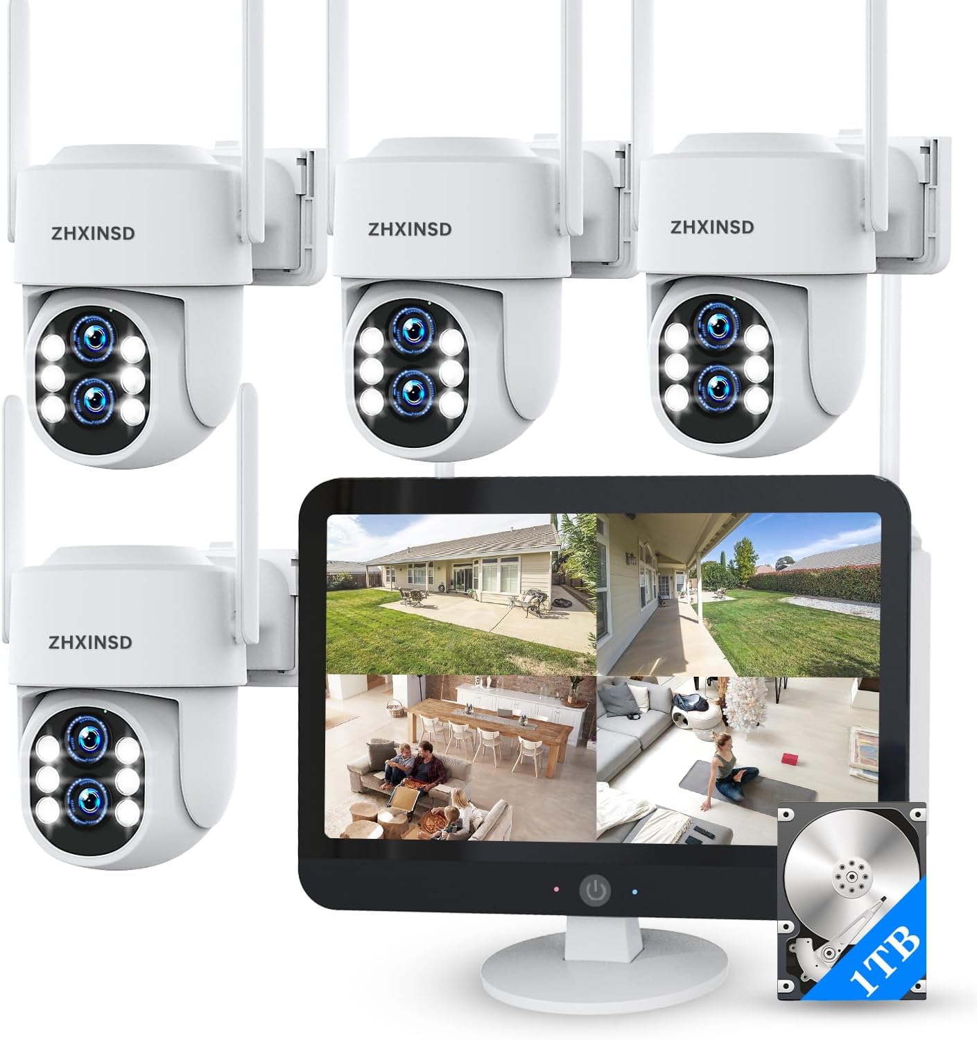 Security Camera System Outdoor Wireless for Home, ZHXINSD Dual Lens 6MP 10X Hybrid Zoom 360° Auto-Track 4 Cameras Set with 12.5' Monitor, 2.4/5G 10CH 4K NVR 24/7 Record Two-Way Audio Indoor 1TB HDD