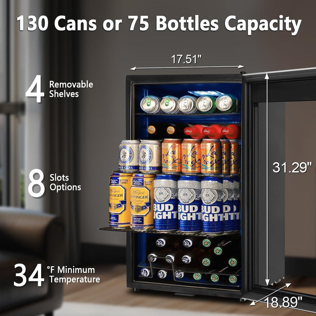 Tylza Beverage Refrigerator Cooler, 130 Cans 3.22 Cu.Ft Small Refrigerator with Low-E Glass Door, Lock, 17-Inch Beer Fridge for Drinks, Beer and Wine, Mini Fridge for Bedroom, Office and Bar, Silver