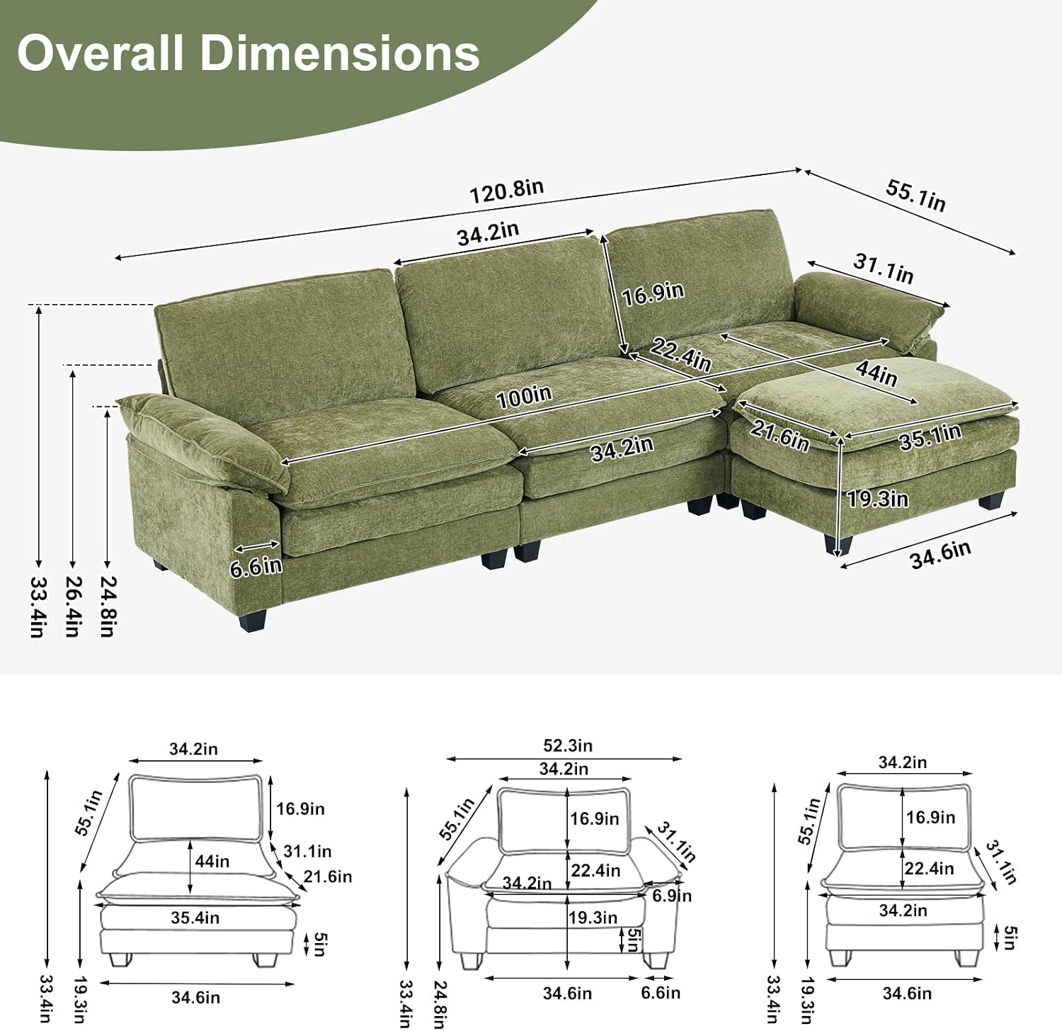 Karl home Sectional Sofa Modular Deep Seat Sofa Couch with Ottoman, Chenille Sofa Sleeper Comfy Upholstered Furniture for Living Room, Apartment, Studio, Office, (3-Seat & 1-Ottoman, Green)