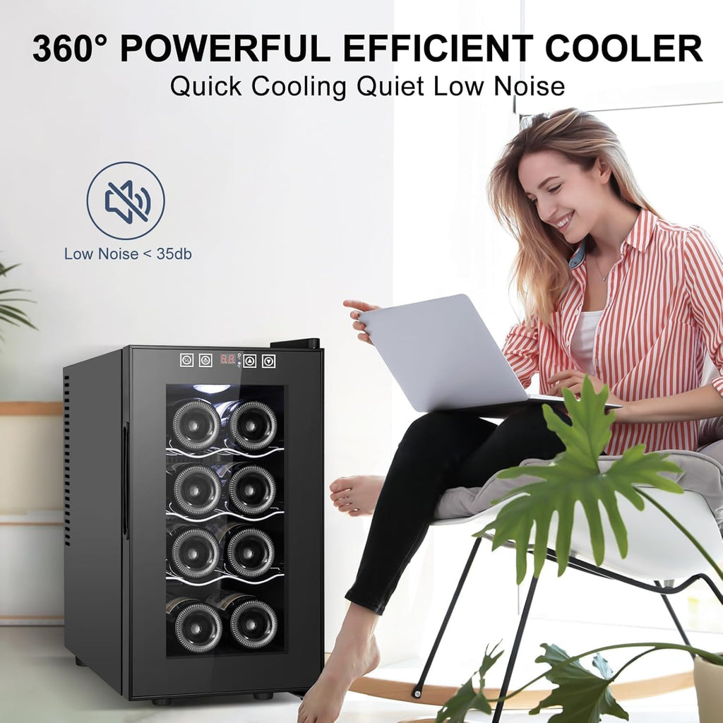 8 Bottles Wine Cooler Refrigerator, Small Wine Fridge, Mini Wine Fridge Countertop with Glass Door Wine Cellars for Red Wine, Champagne, Dry White Wine, Sparkling Wines