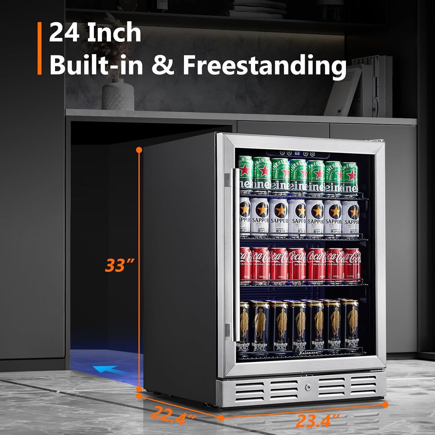 24 Inch Under Counter Beverage Fridge -Max 164Cans Capacity Drink cooler,Wide 24''Perfectly for Built in Space, Adjustable shelves for any size beverage/beer/soda Transparent door Refrigerator