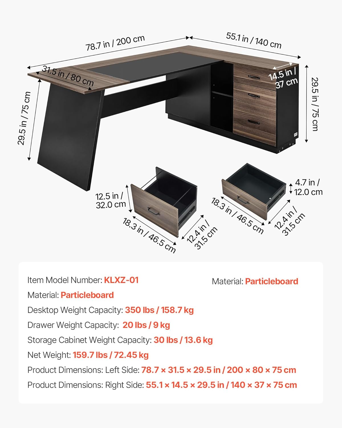VEVOR L-Shaped Executive Desk, Large Modern Office Table with Drawers and Storage Cabinet, Heavy Duty Wooden Executive Table, 350 LBS Load Capacity, Easy Assembly, for Work Study Writing, Brown+Black