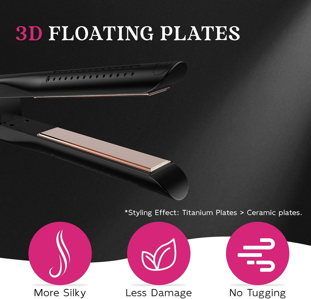 SKIMI Airflow Styler 2.0 Titanium Flat Iron Hair Straightener & Curling Wand, 96 Cool Air Vents for 48H Lasting Style, Dual Voltage for Travel & Home, Anti-Tangle, 5 Temps (Black & Blush).