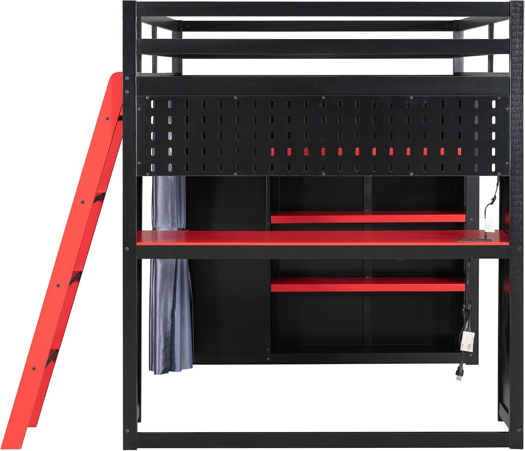 Full Gaming Loft Bed with Wardrobe & Desk & Charging Station & RGB Light,Esports Wood Loft Bed Frame with Storage Shelves,Curtains and DIY Pegboard,Space Saving,No Box Spring Needed,Black Red