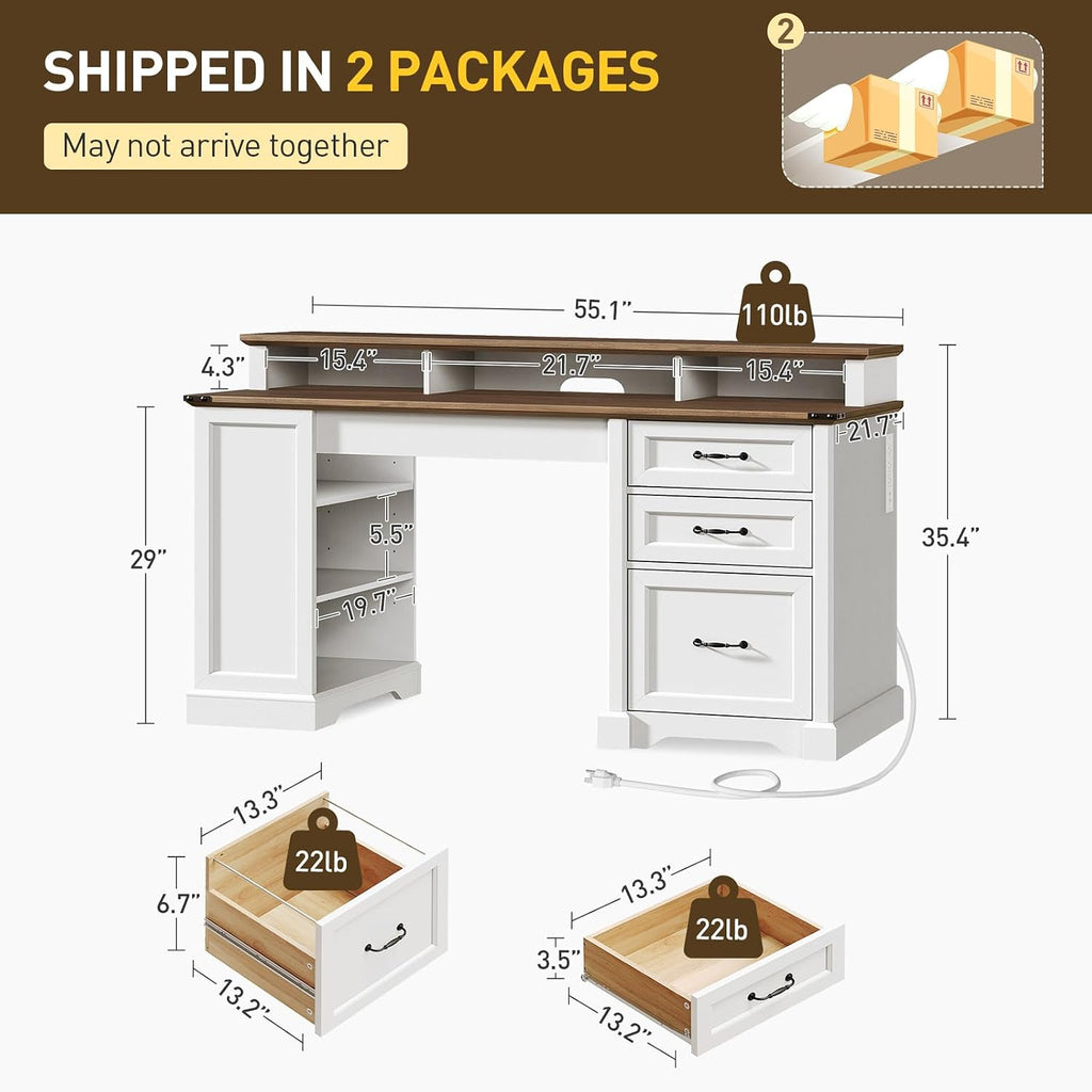 RALGEND 55'' Farmhouse Executive Desk with Drawers, Computer Desk with File Cabinet and Side Bookshelf, Writing Gaming Desk with Monitor Stand & Charging Station, White and Walnut