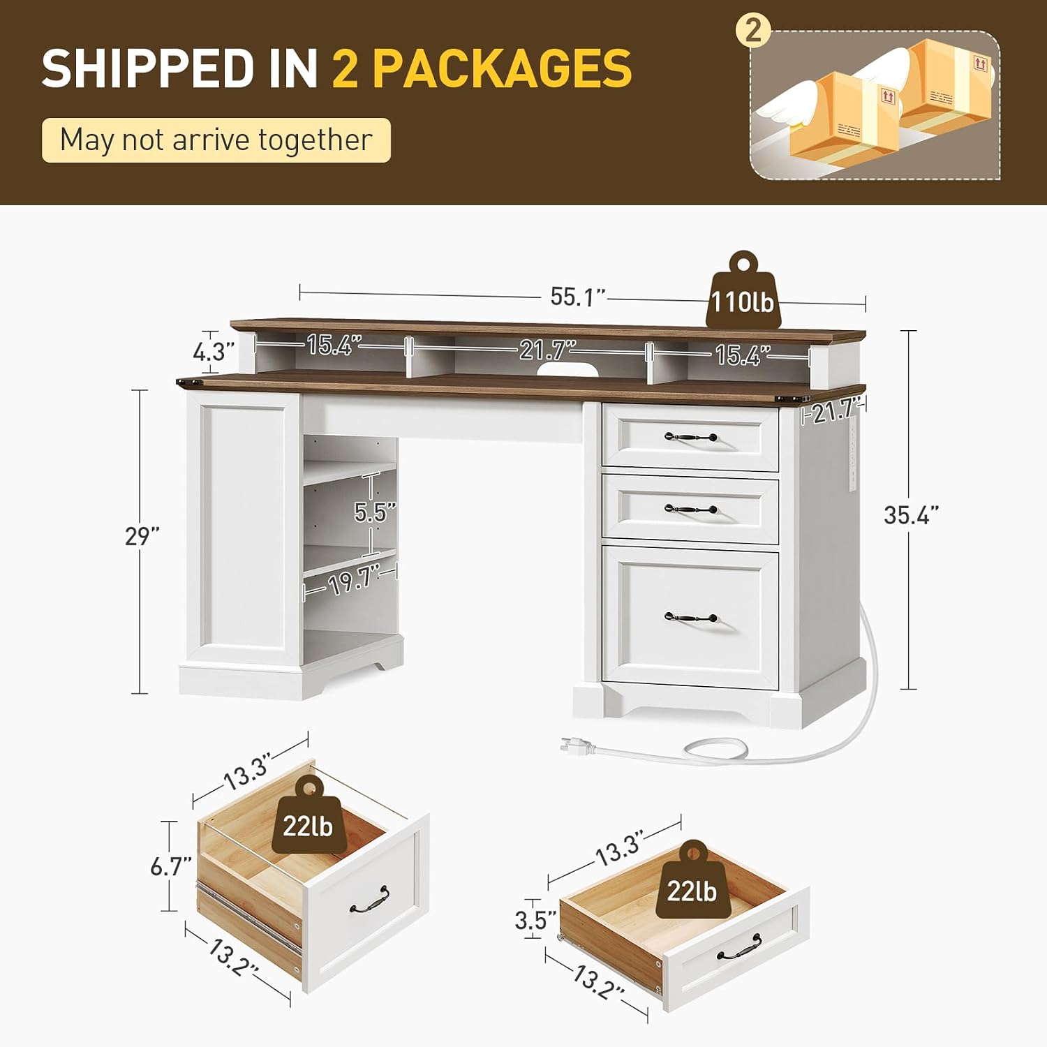RALGEND 55'' Farmhouse Executive Desk with Drawers, Computer Desk with File Cabinet and Side Bookshelf, Writing Gaming Desk with Monitor Stand & Charging Station, White and Walnut