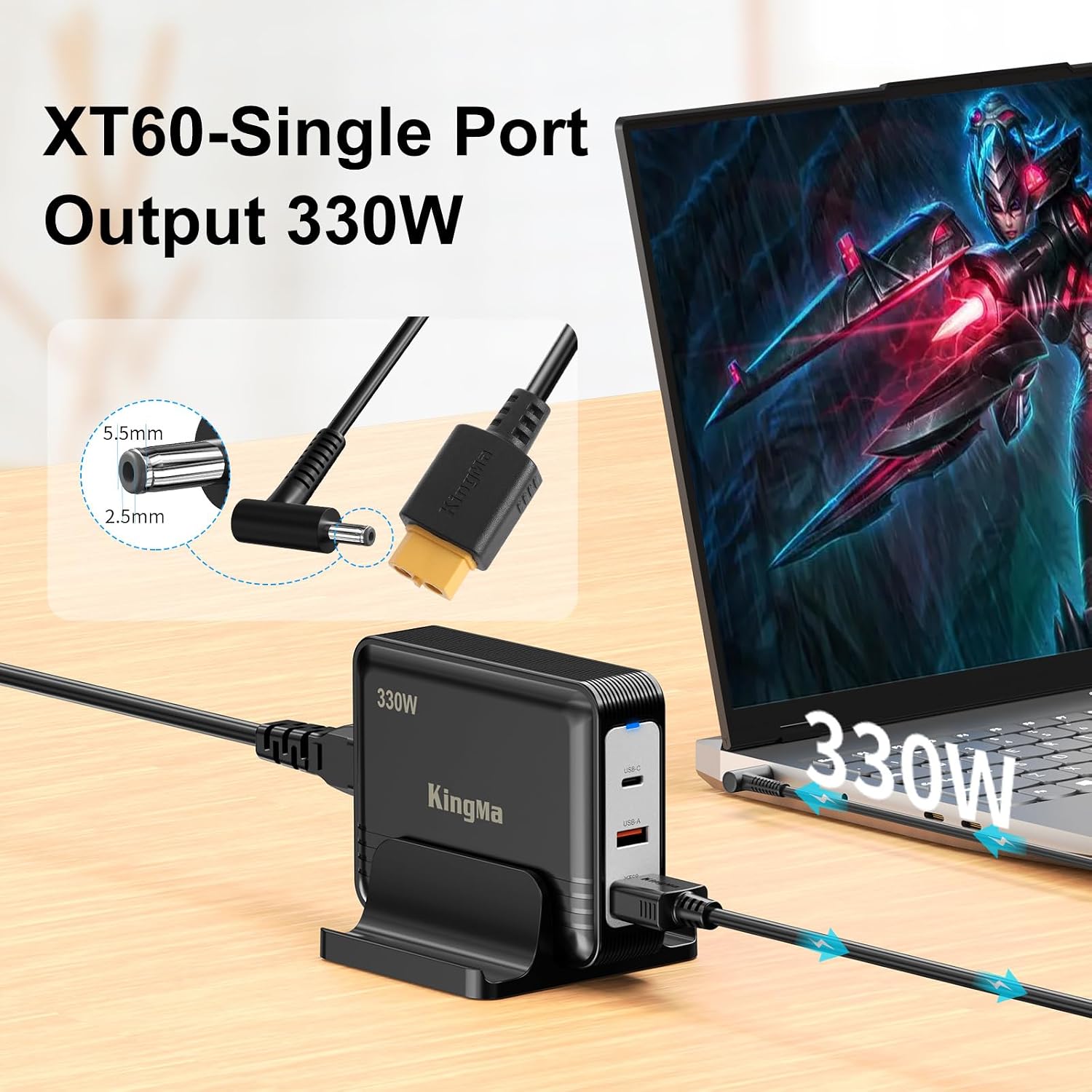 330W GaN Gaming Laptop Charger 20V 16.5A for ASUS, XT60 & 5.5×2.5mm Power Port, PD 3.0 Fast Charging, 3-Port Portable Travel Adapter Replacement for ASUS TUF Gaming & ROG Strix Laptops FX50 FX53 ZX50