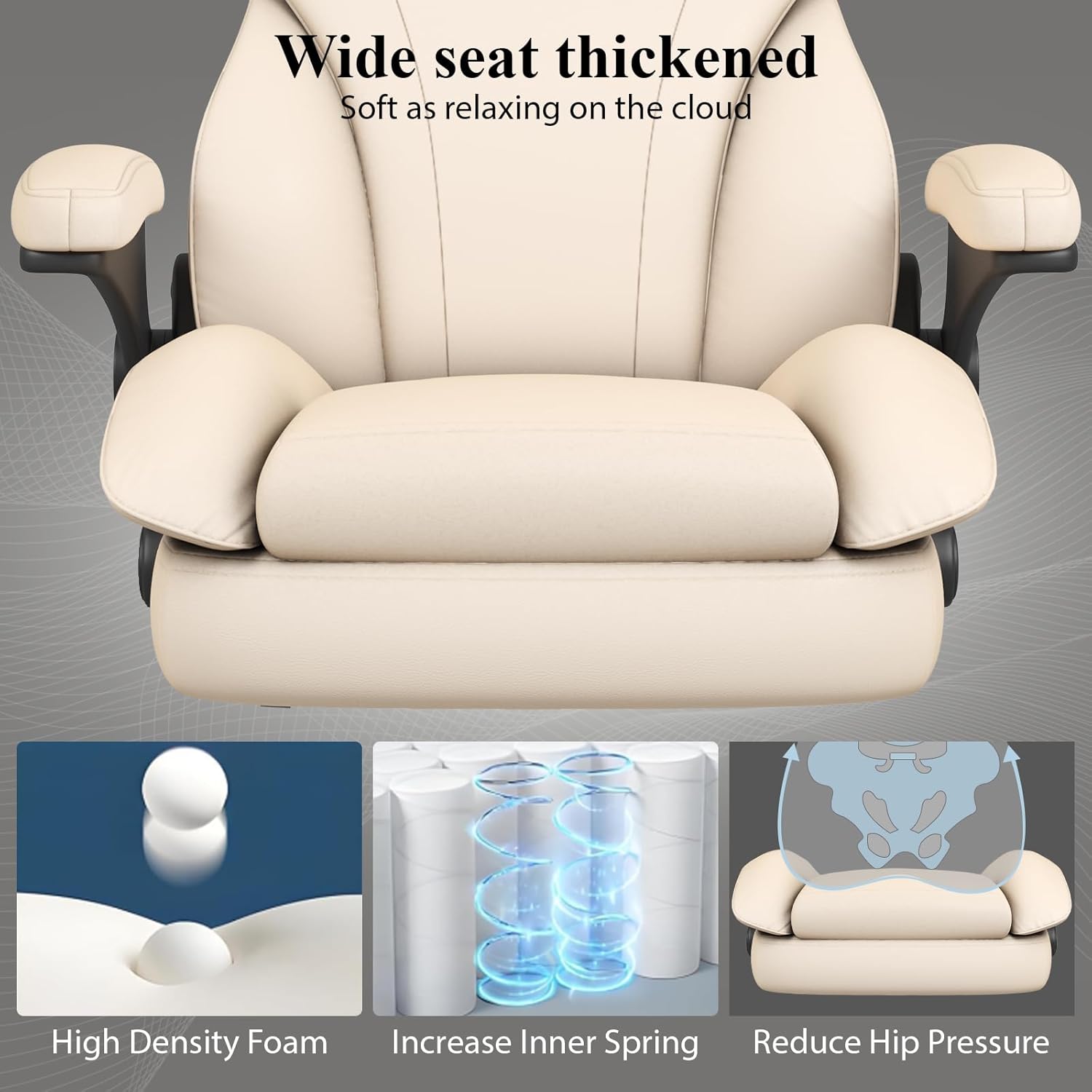 Office Desk Chair, Executive Leather Office Chair, High Back Ergonomic Home Desk Chair with Padded Flip-up Arms, Big and Tall Computer Chair with Rocking Function, 360°Swivel Free, Beige
