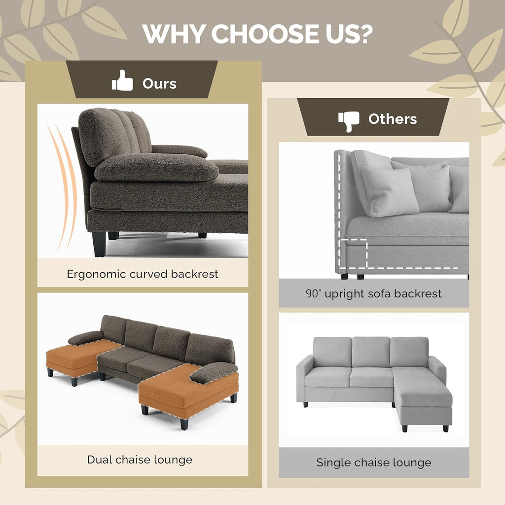 VINGLI 110' U-Shaped Sectional Couch with Two Chaise, Affordable Small Sofa with 4 Seats, Chenille Fabric Comfy Couches for Living Room, Dark Brown