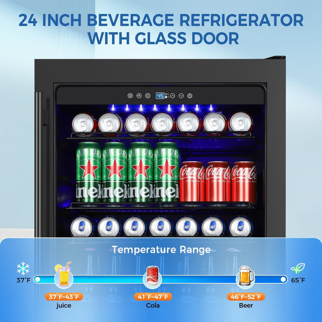 24 Inch Beverage Refrigerator Built-in Under Counter, 180 Cans Large Capacity Drink Fridge with Glass Door, 38dB Whisper Quiet Beer Cooler for Home Bar Office, Front Venting&Temperature Memory, Black