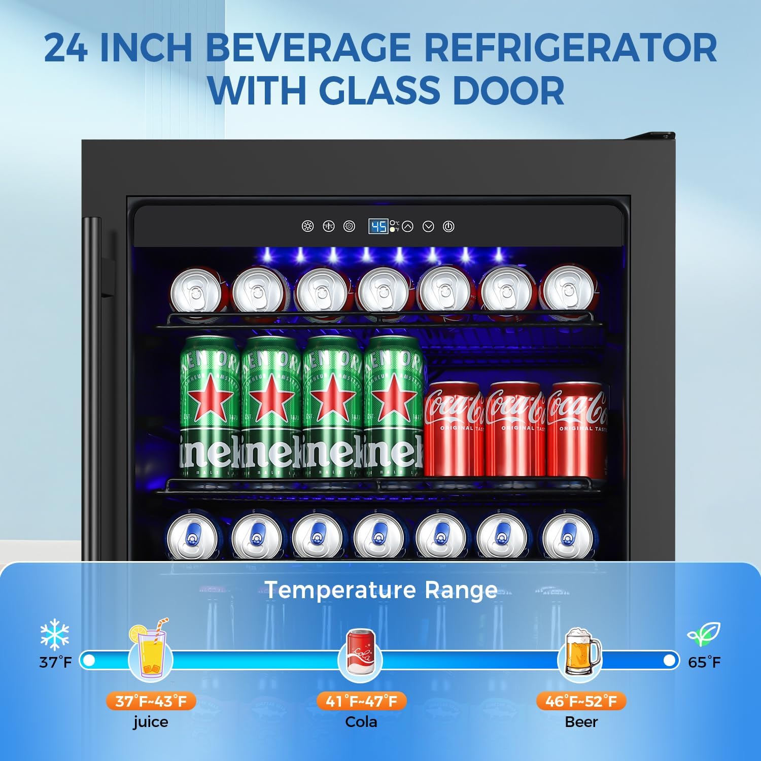 24 Inch Beverage Refrigerator Built-in Under Counter, 180 Cans Large Capacity Drink Fridge with Glass Door, 38dB Whisper Quiet Beer Cooler for Home Bar Office, Front Venting&Temperature Memory, Black