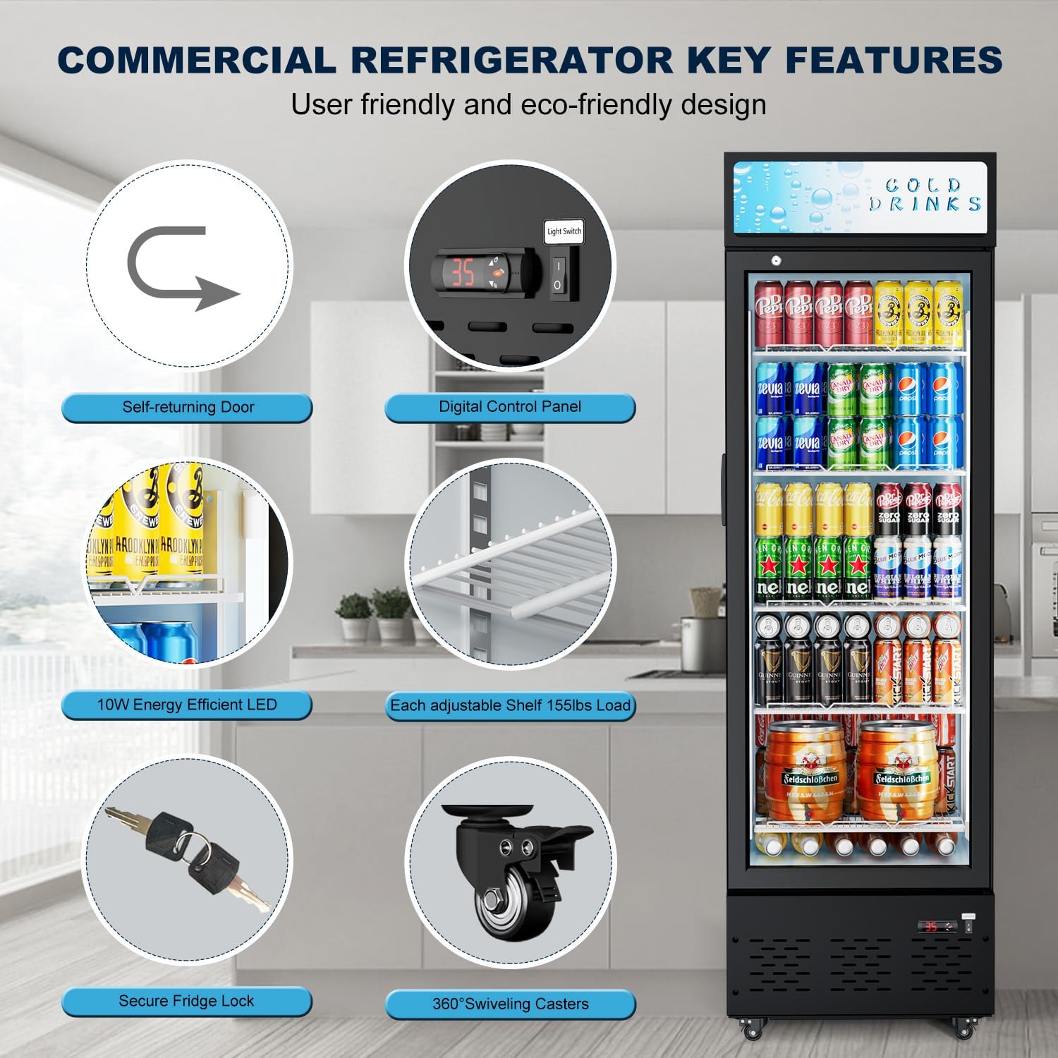 20.8''W Commercial Refrigerators, 11 Cu.ft. Glass Door Beverage Refrigerators Commercial Fridge Upright Display Cooler with Soft LED Light and Adjustable Shelves for Restaurant Grocery Stores