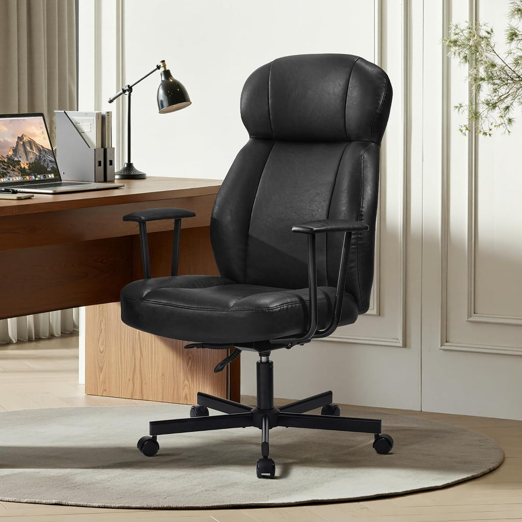 Cozyman Ergonomic PU Leather Home Office Chair, High Back Executive Desk Chair with 5-Layer Cushion, 95-135° Reclining Back, Lumbar Support, Adjustable Height, 360° Swivel for Home Office Task, Black