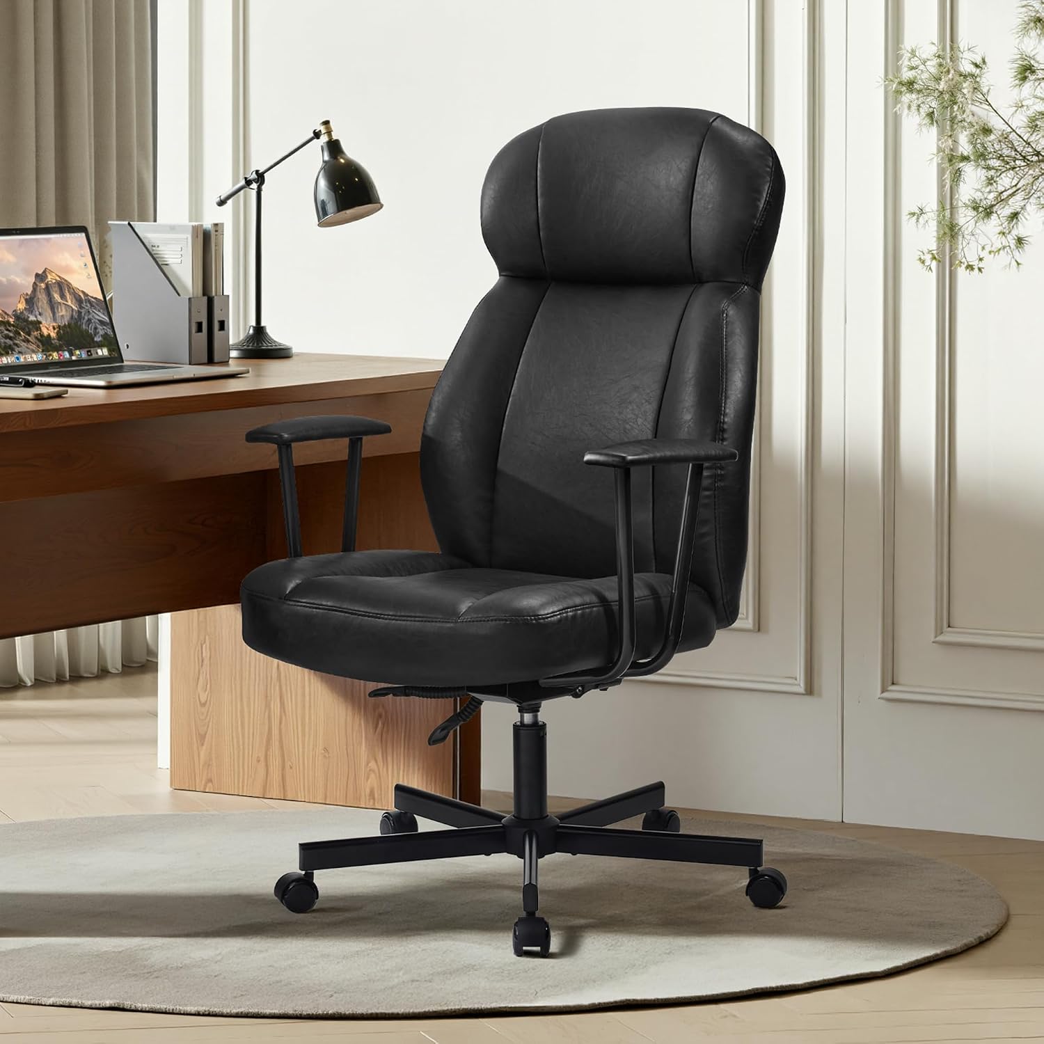 Cozyman Ergonomic PU Leather Home Office Chair, High Back Executive Desk Chair with 5-Layer Cushion, 95-135° Reclining Back, Lumbar Support, Adjustable Height, 360° Swivel for Home Office Task, Black