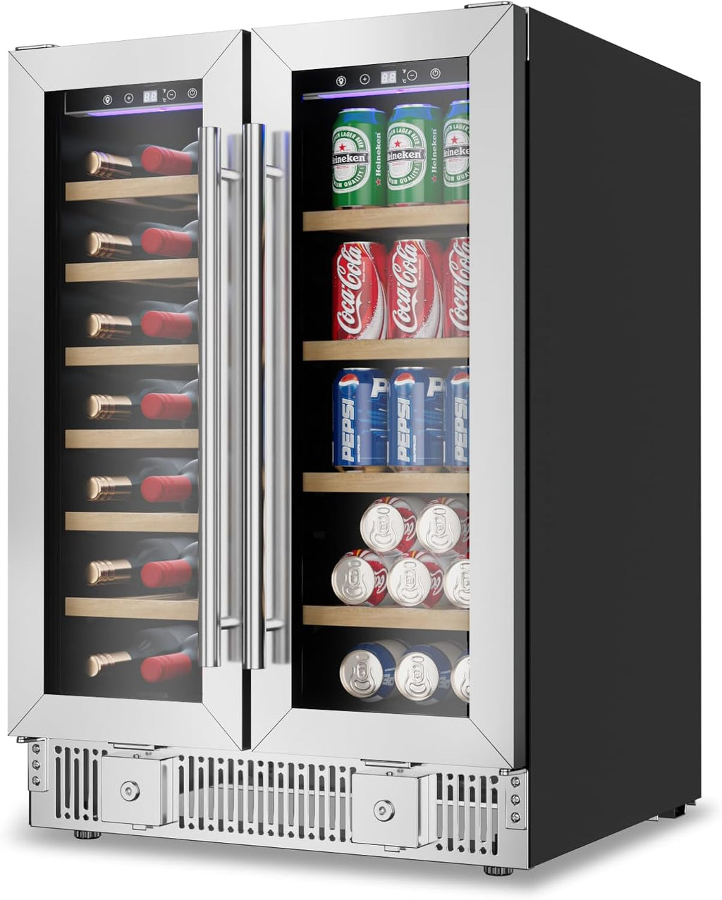 TABU Wine and Beverage Refrigerator, 24 Inch Dual Zone Wine Cooler with Glass Door&Lock, Built-in or Freestanding Beverage Fridge Hold 21 Bottles and 88 Cans