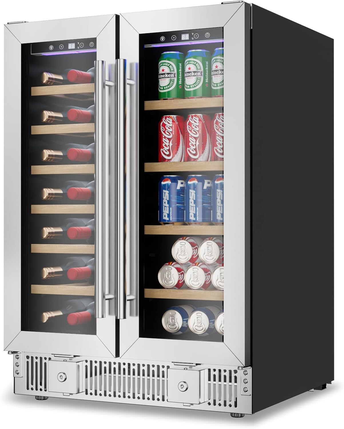 TABU Wine and Beverage Refrigerator, 24 Inch Dual Zone Wine Cooler with Glass Door&Lock, Built-in or Freestanding Beverage Fridge Hold 21 Bottles and 88 Cans