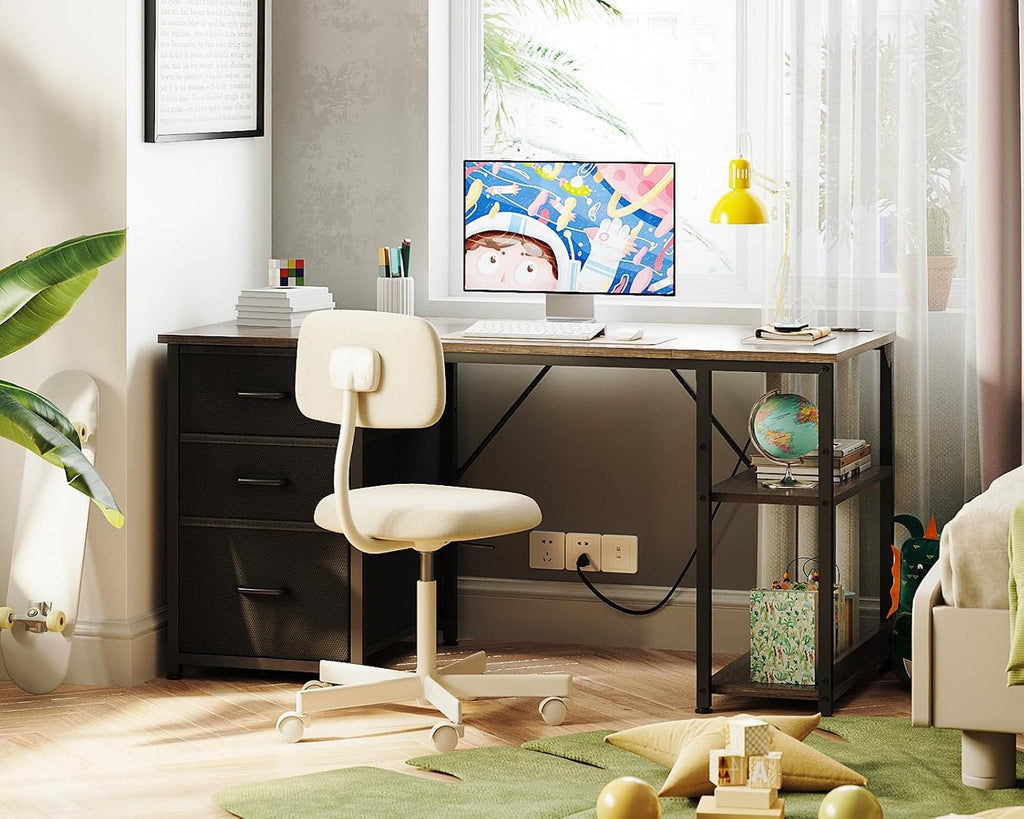 AODK 51 Inch Computer Desk with Fabric Drawers & USB Power Outlets - Reversible Home Office Desk with Storage Shelves, Work from Home, Modern Work/Writing/Study Table for Bedroom, Grey Oak