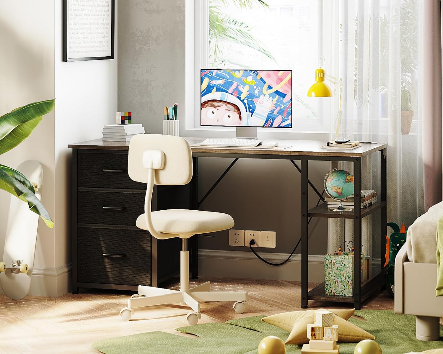AODK 51 Inch Computer Desk with Fabric Drawers & USB Power Outlets - Reversible Home Office Desk with Storage Shelves, Work from Home, Modern Work/Writing/Study Table for Bedroom, Grey Oak
