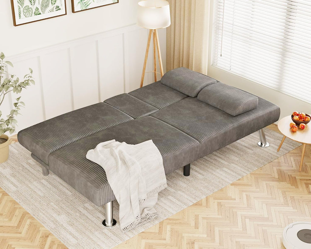 Flamaker Futon Sofa Bed Modern Folding Futon Set Convertible Recliner Lounge for Living Room with 2 Cup Holders, Removable Armrests (Corduroy, Marble Grey)