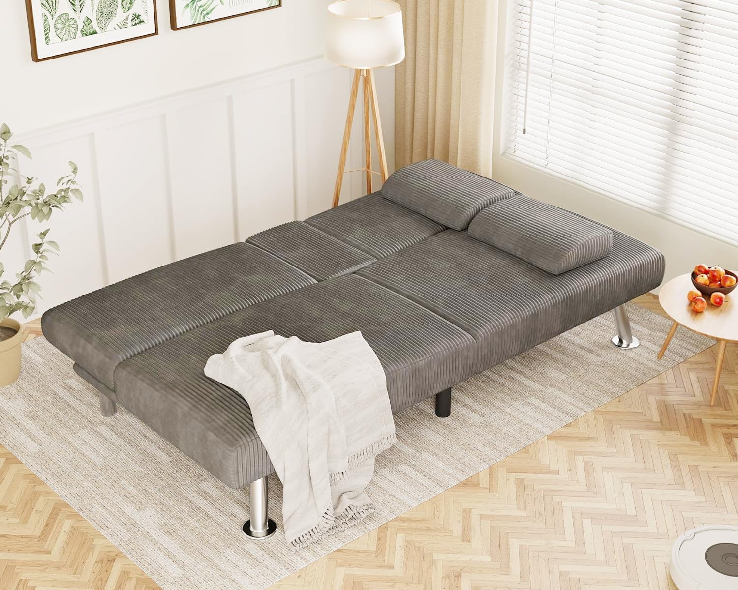 Flamaker Futon Sofa Bed Modern Folding Futon Set Convertible Recliner Lounge for Living Room with 2 Cup Holders, Removable Armrests (Corduroy, Marble Grey)