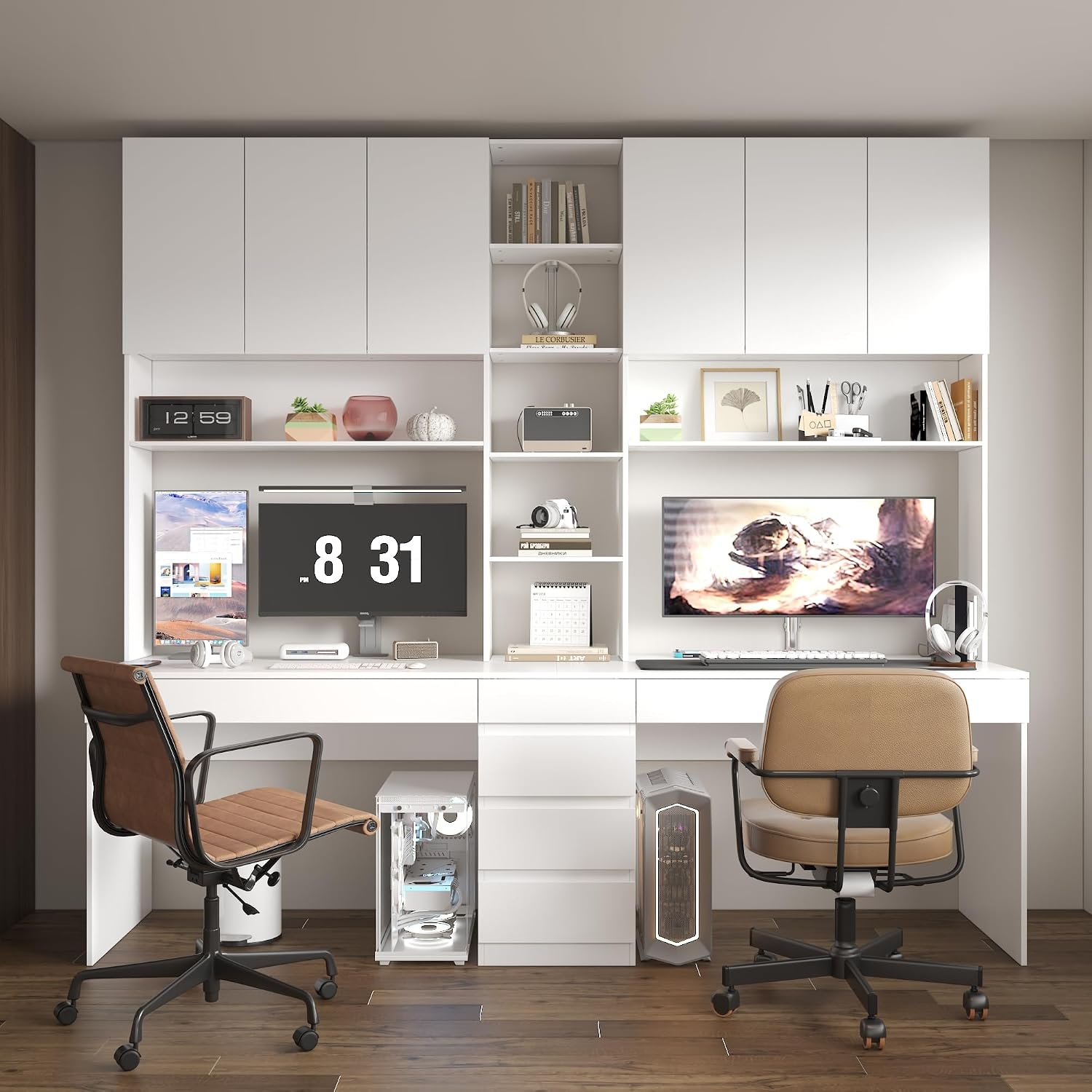 WOODTIME Large Two Person Computer Desk with Bookshelf, Study Writing Gaming Table Workstation with 6 Drawers & 15 Shelves for Home Office, White