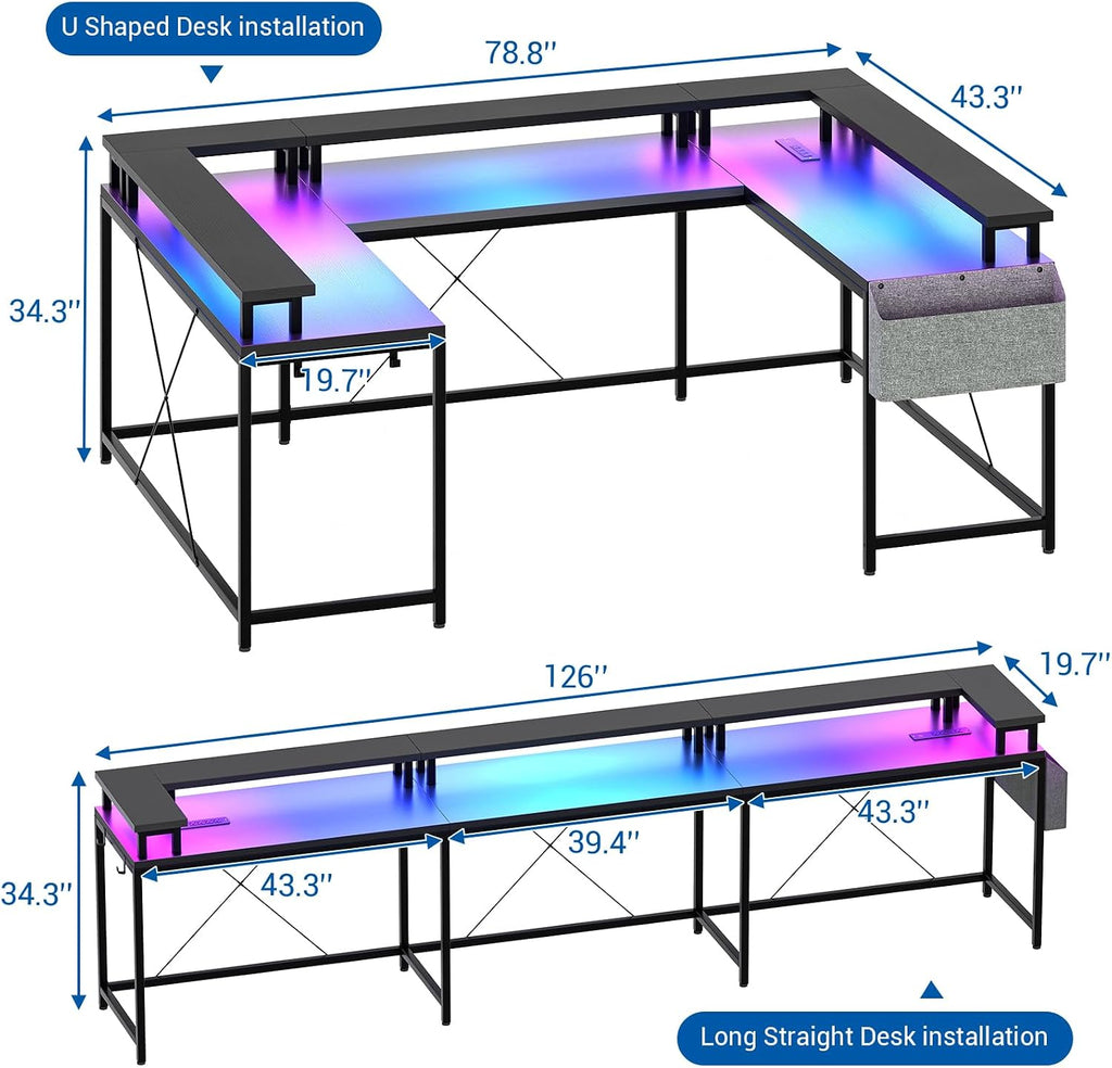 Patikuin U Shaped Desk with Power Outlets, USB Ports & RGB LED Lights, 79 Inch Large Corner Computer Desk with Monitor Stand, Reversible Gaming Desk for Home Office, Ergonomic Workstation (Black)