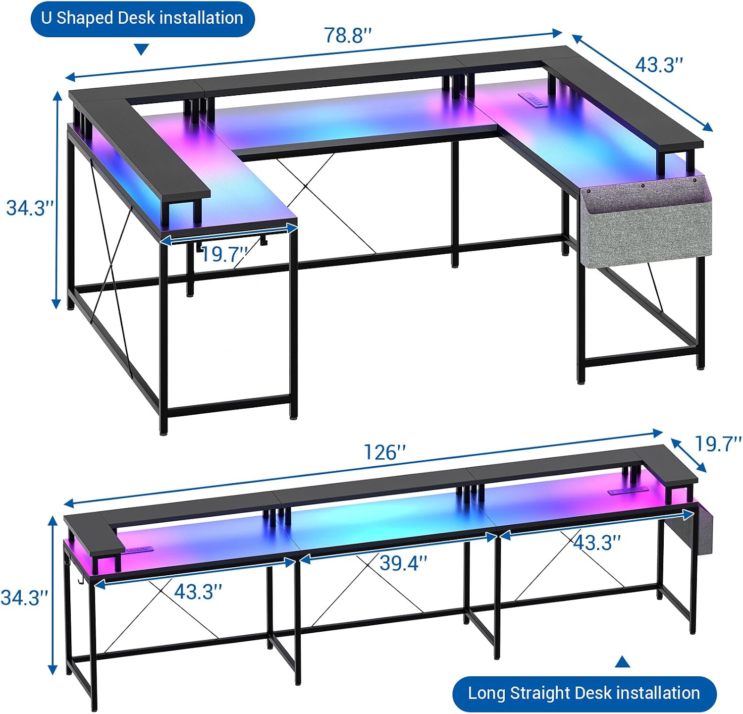 Patikuin U Shaped Desk with Power Outlets, USB Ports & RGB LED Lights, 79 Inch Large Corner Computer Desk with Monitor Stand, Reversible Gaming Desk for Home Office, Ergonomic Workstation (Black)