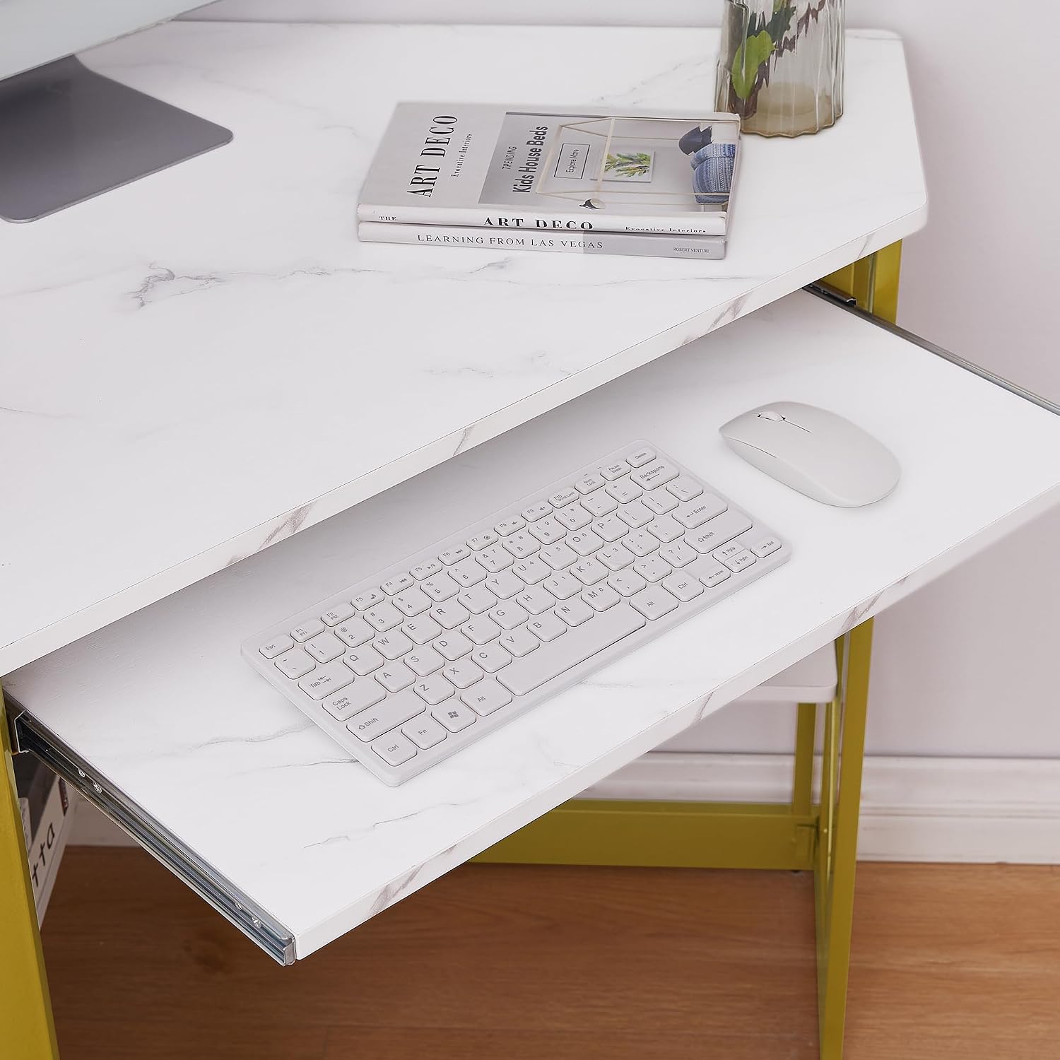 VECELO Corner Desk Computer Desk Writing Table with Smooth Keyboard Tray&Storage Shelves for Small Spaces/Compact Home Office Triangle Table,Gold & White