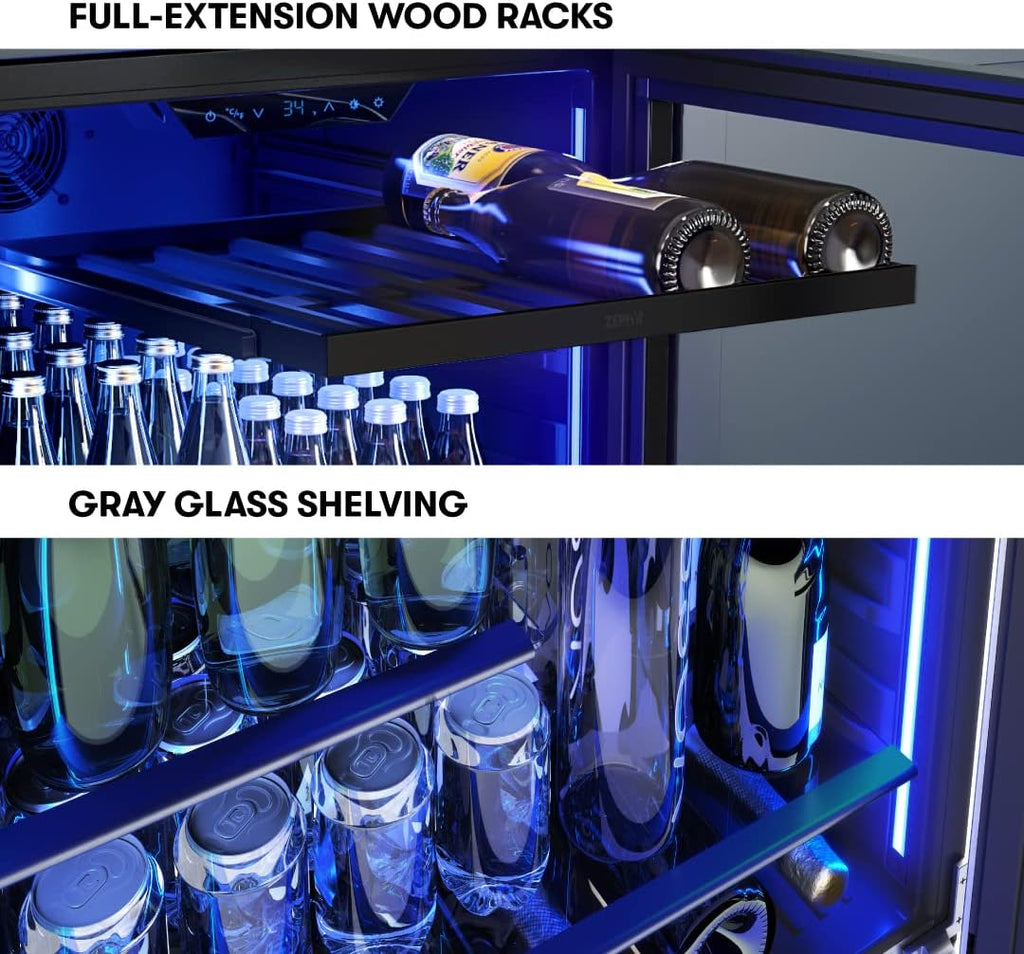 Zephyr Presrv 24 Inch Panel Ready Single Zone Beverage and Wine Fridge 7 bottles, 108x12oz cans Under Counter, Built In Cooler (handle sold separately, wood panels not included)