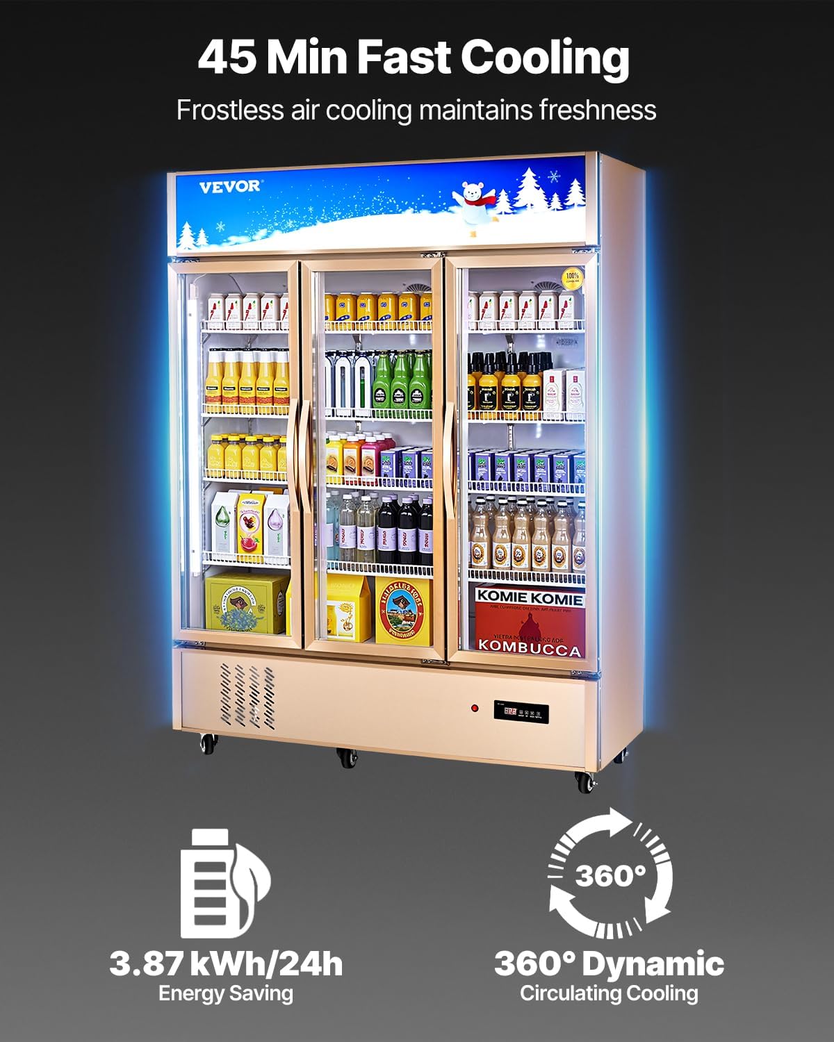 VEVOR Commercial Merchandiser Refrigerator Triple Glass Doors, Cubic Ft, Upright Display Beverage Cooler 79' Tall x 60' Width, Fridge with LED Lighting for Drink Wine Soda, Gold, 35 cu.ft
