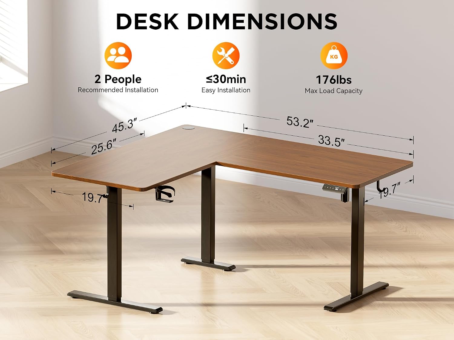 WALKINGDESK 55X45 Inches Reversible L Shaped Standing Desk Height Adjustable with Cup Holder, Electric Corner Computer Desk, Sit Stand up Home Office Desk, Ergonomic Gaming Desk, Black Walnut