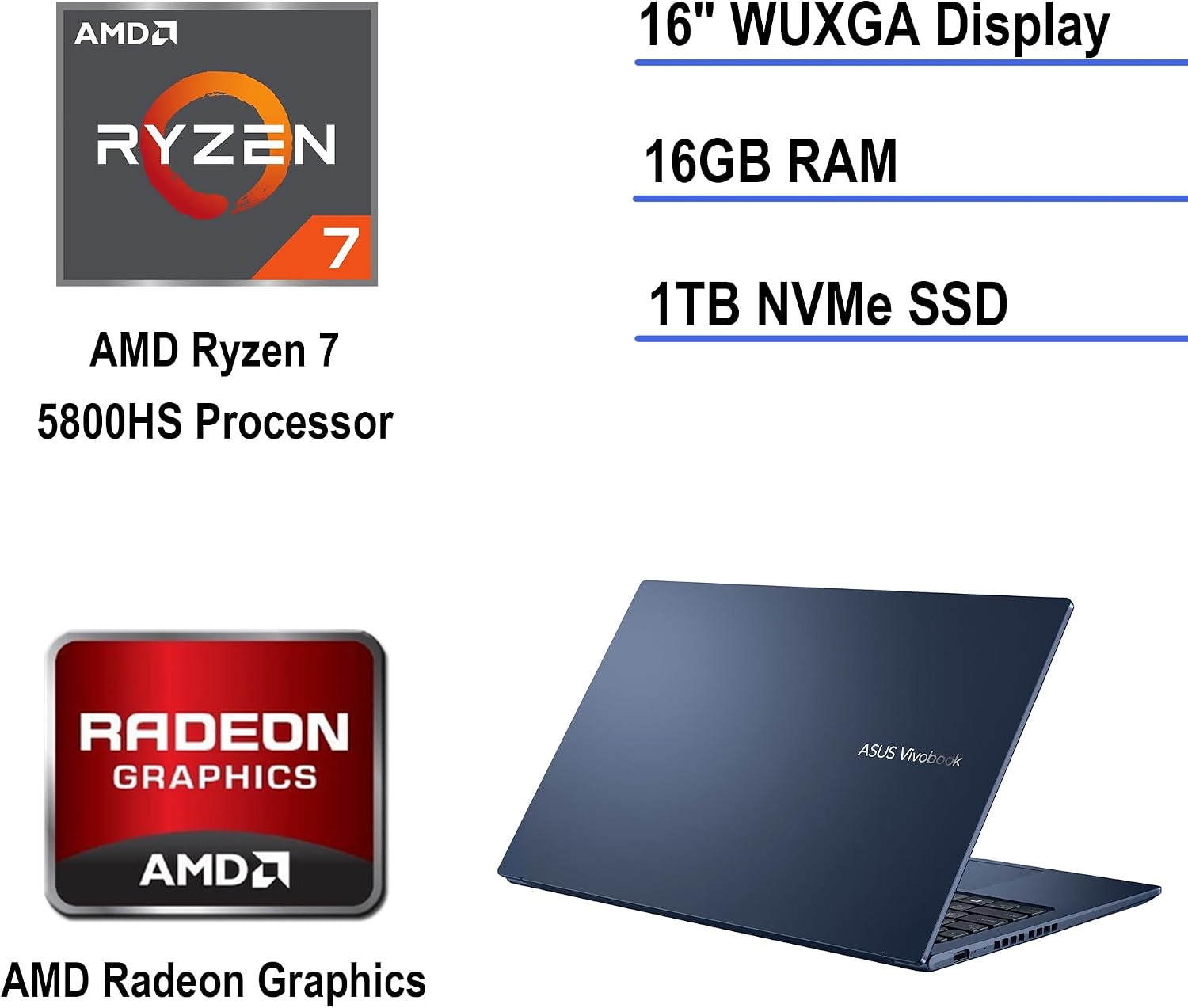 ASUS Vivobook 16 Laptop, 16'' WUXGA (1920 * 1200) Screen, AMD Ryzen 7 5800HS Processor, 16GB RAM, 1TB SSD, HDMI, Webcam, Wi-Fi 6, Type-C, Skyerd 128GB Portable SSD, Windows 11 Home, Blue, M1603