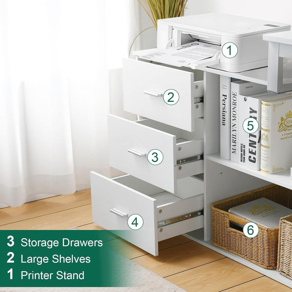MaverickFurni 55' White Desk with Drawers and Shelves, Reversible L Shaped Desk with Monitor Stand, Home Office Desk with Storage for Work Writing Study, White