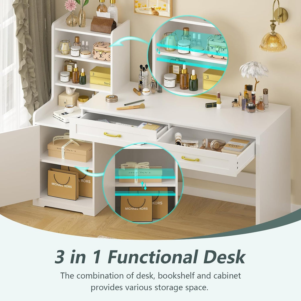 YOMILUVE 60' Computer Desk with Drawers & Bookshelves, Home Office Desk with Storage Cabinet & Spacious Desktop, Writing Gaming Study Table with Bookcase, White