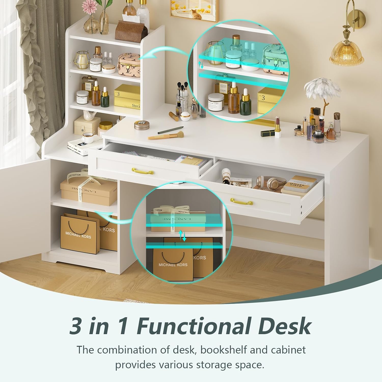 YOMILUVE 60' Computer Desk with Drawers & Bookshelves, Home Office Desk with Storage Cabinet & Spacious Desktop, Writing Gaming Study Table with Bookcase, White