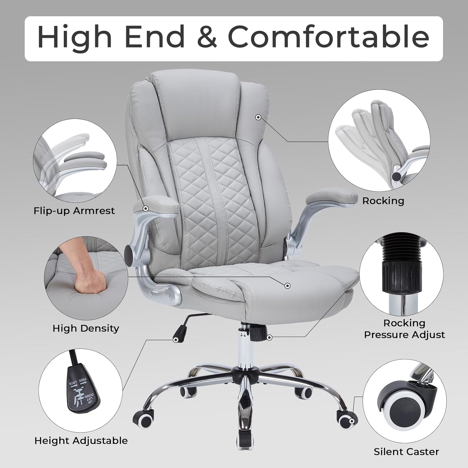 400lbs Executive Office Chair with Flip-Up Armrests, Big and Tall Computer Chair for Heavy People, Heavy Duty Ergonomic Comfy Chair, Breathable PU Leather (Grey)